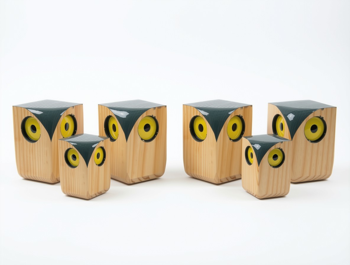Enceintes chouettes en bois, série de six pièces