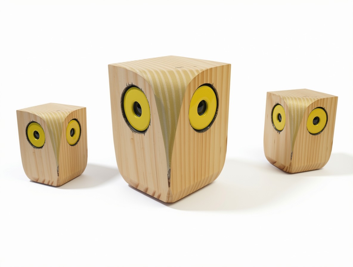 Enceintes chouettes en bois, finition dorée