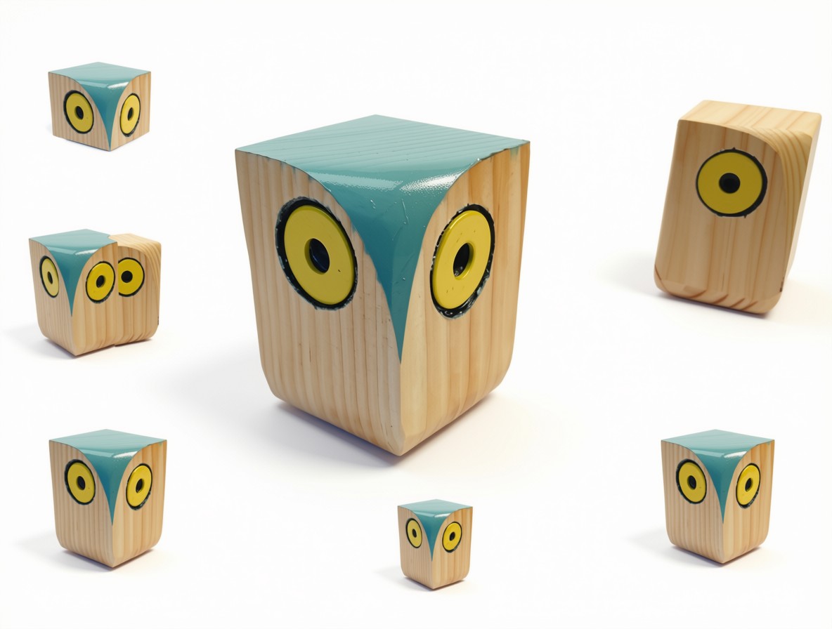 Enceintes chouettes en bois, finition bleu canard, vue d'ensemble
