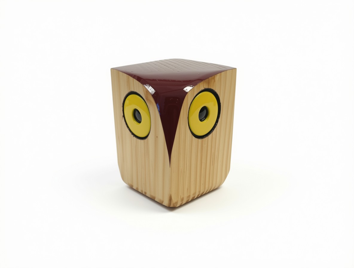 Enceinte chouette en bois, finition bordeaux